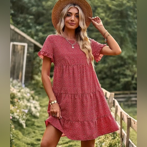 WOMENS | SHORT SLEEVE RUFFLE POLKA DOT CREW NECK MIDI SUMMER DRESS - Picture 3 of 5